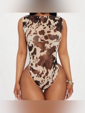 Sleeveless Cow Print Mesh Bodysuit - Brown/Beige Combo